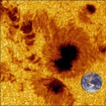 Sunspots can be bigger than our planet Earth. Image by the satellite HINODE.